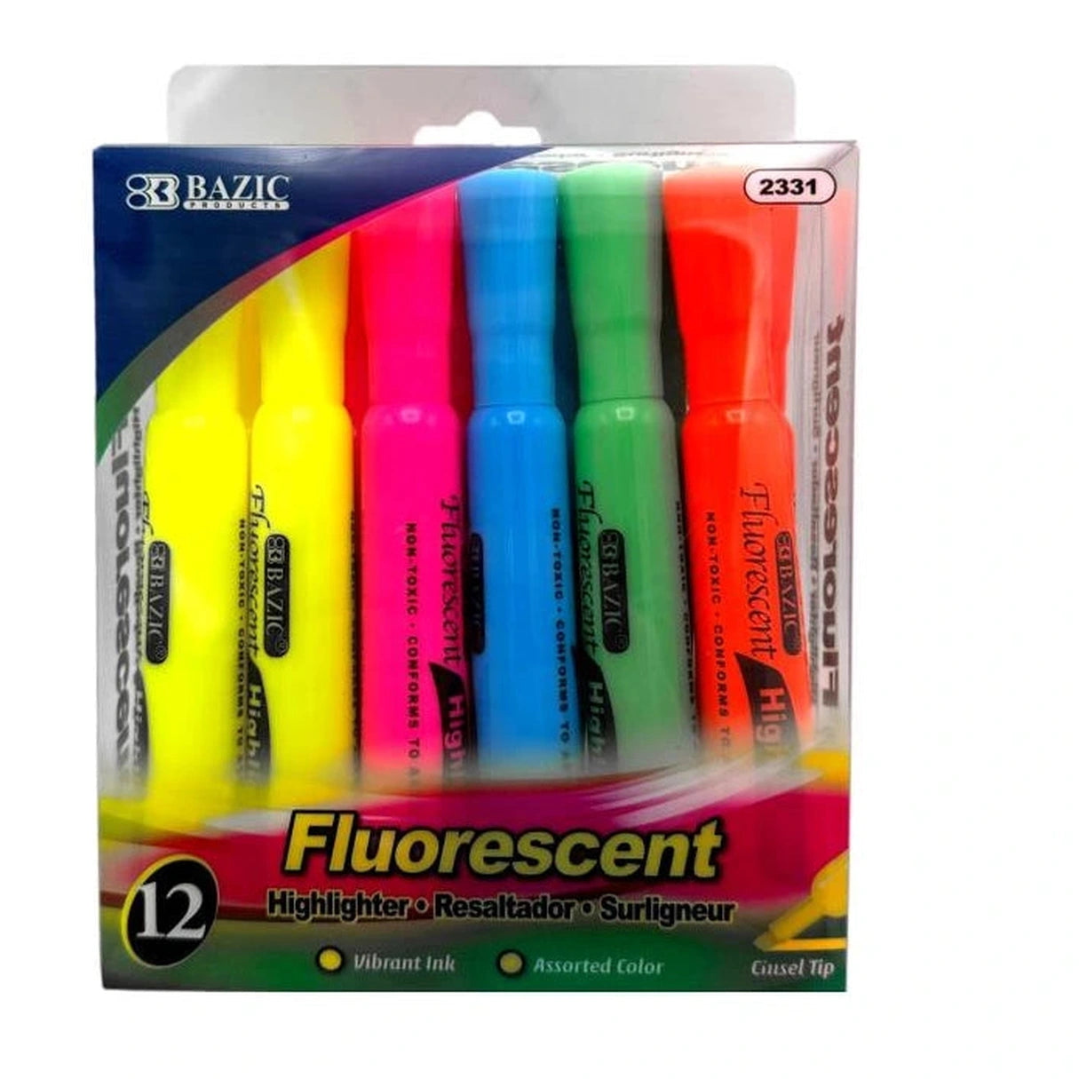 A package of "Bazic" brand fluorescent highlighters in assorted colors, including yellow, pink, blue, green, and orange.